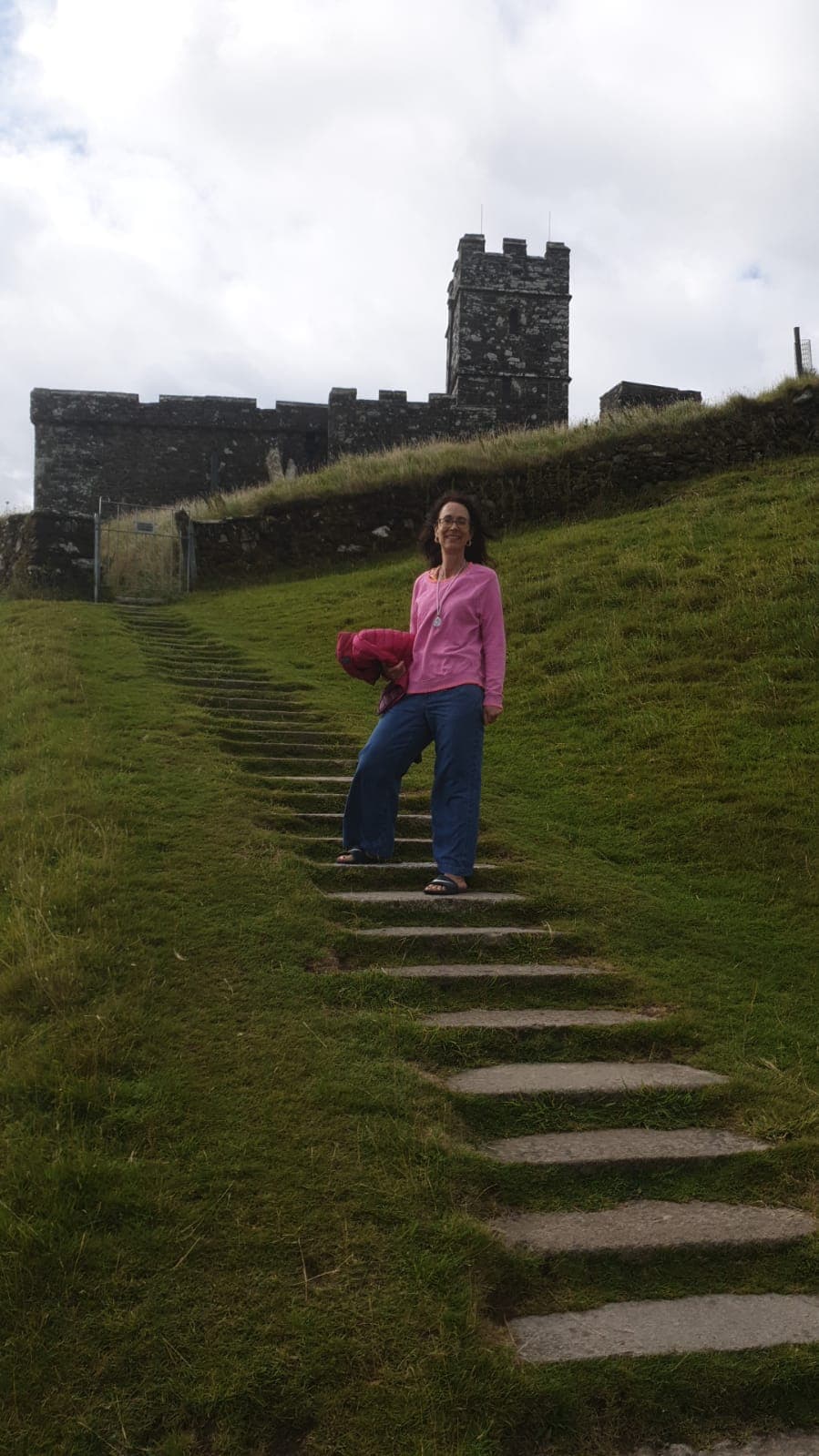 Rachel Taylor on the steps at Brentor Church, Dartmoor